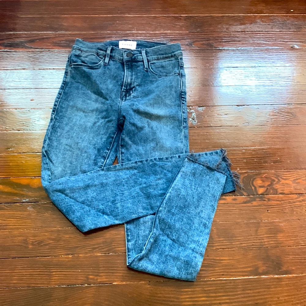 Frame denim designer jeans. Dark wash blue, size 25. Lightly worn.